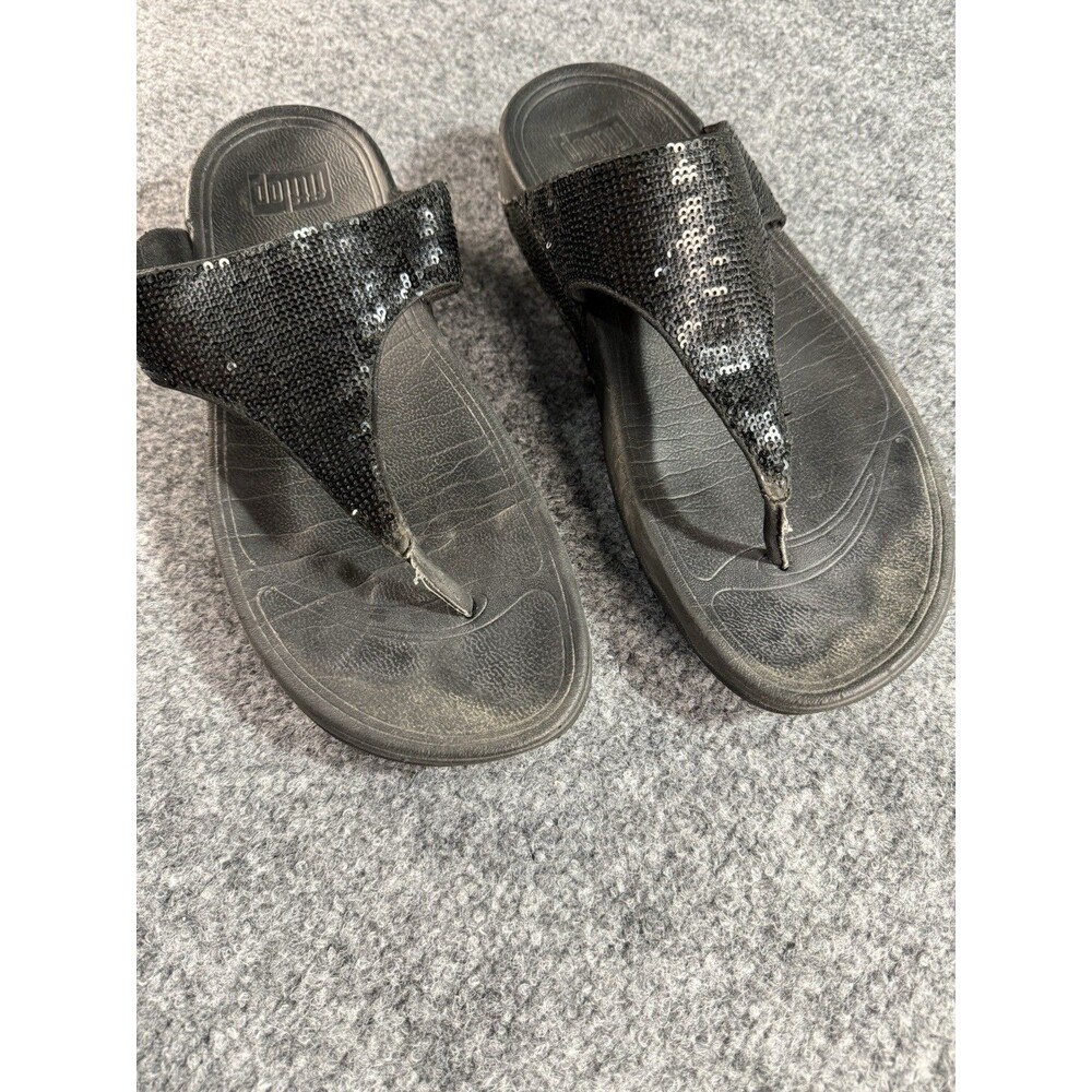 FitFlop Electra Black Sequin Thong Sandals – Women’s Size 10 – Comfort Wedge